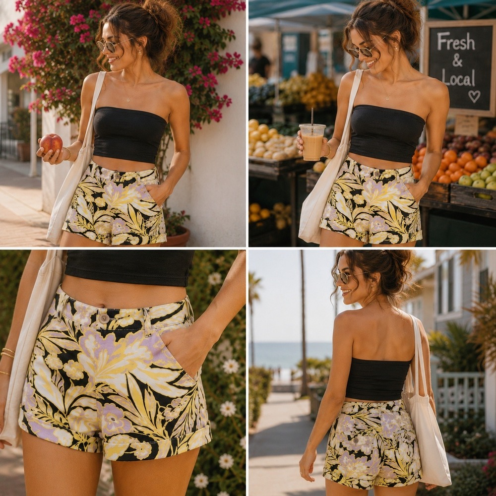 NY&Co 7th Avenue Floral Shorts Womens 4 Yellow Lavender Tropical Cuffed Summer